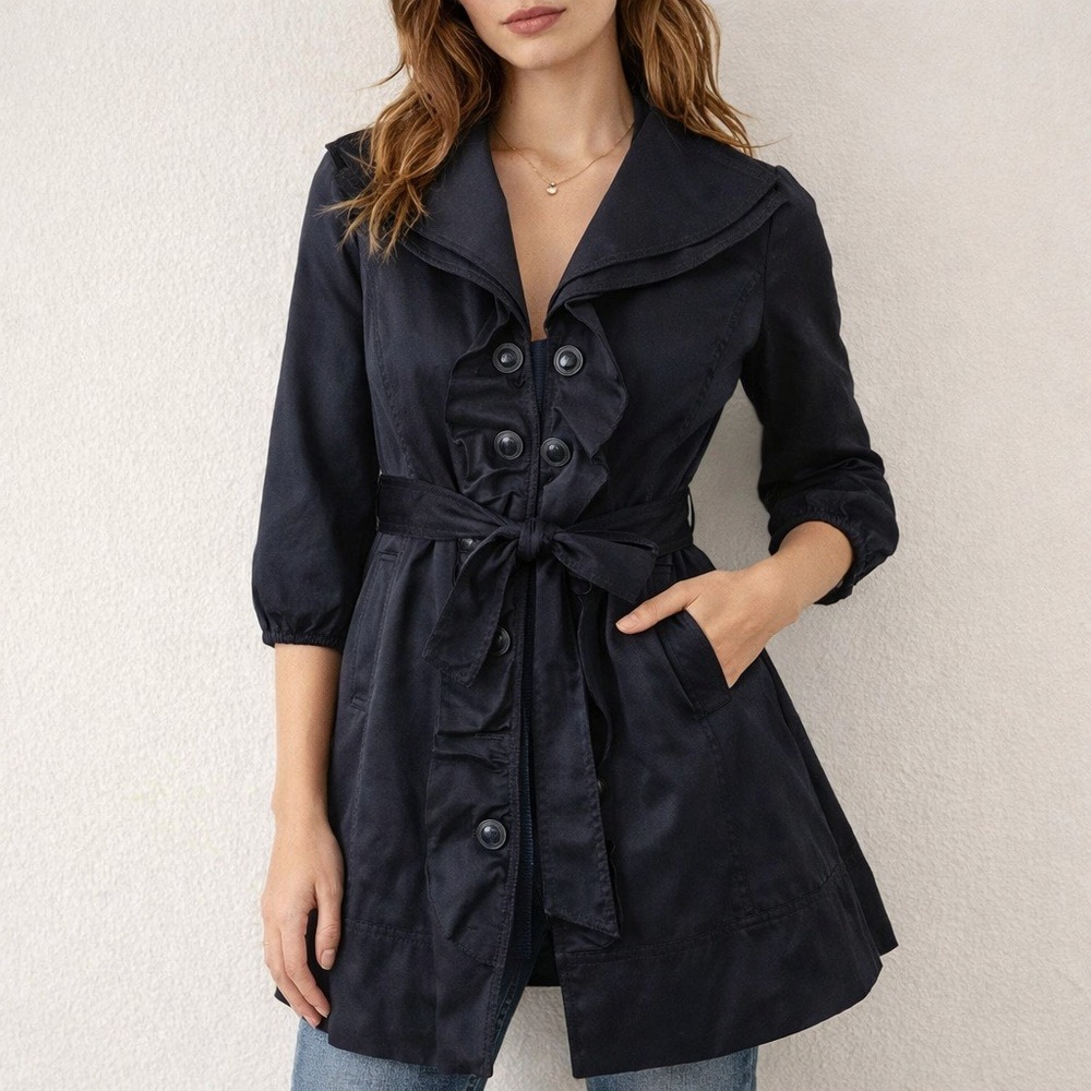 Anthropologie Navy Double-Breasted Tie-Waist Pea Coat